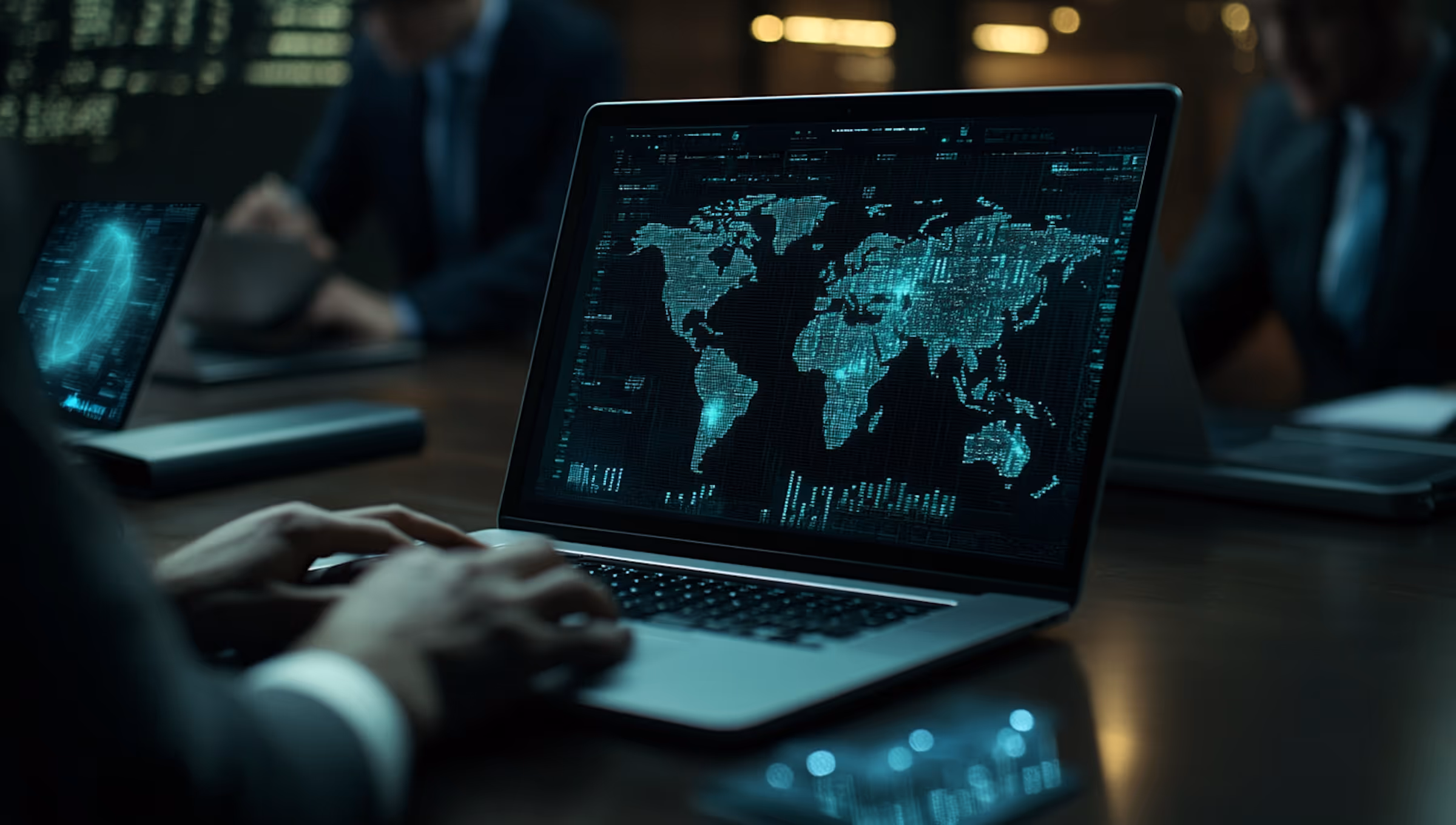 Dark operations room with glowing laptop screens