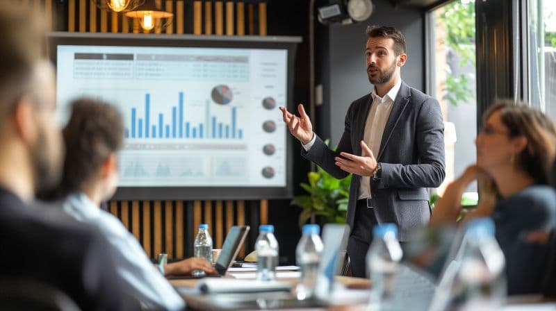 Consultant presenting analytics to a team in a modern office