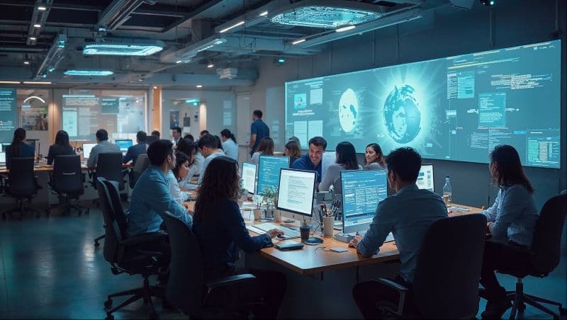 Colleagues working in a busy open plan office