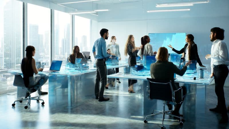 Colleagues collaborating around a laptop in an open office
