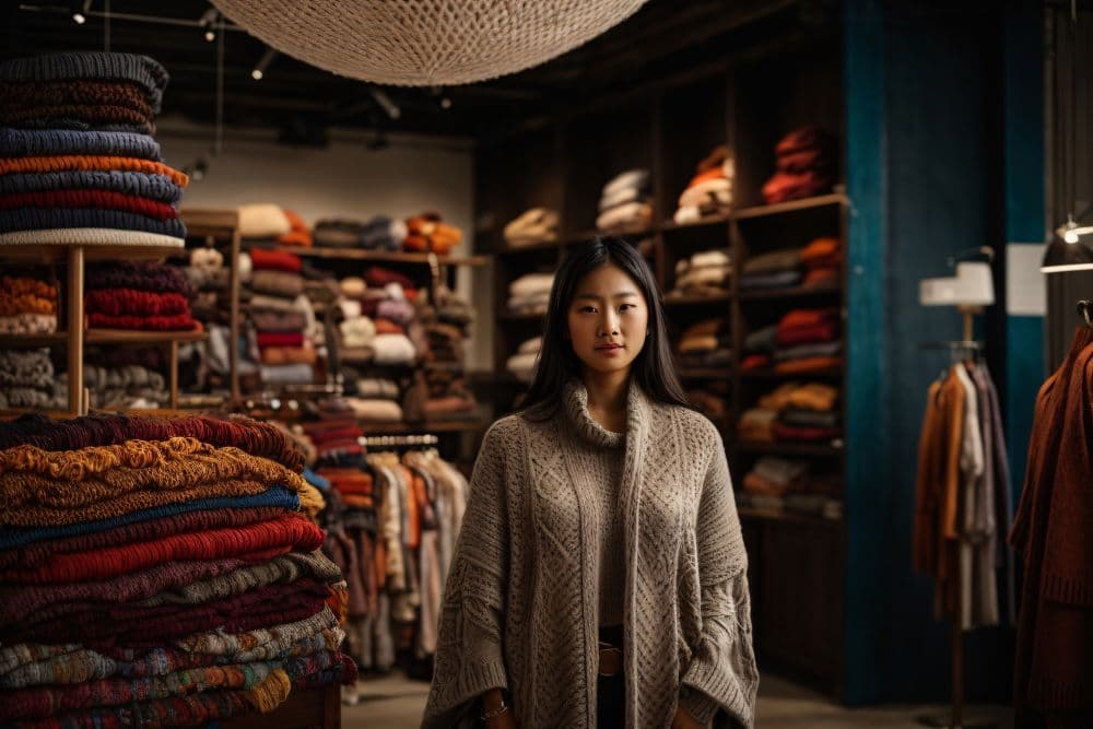 Knitwear displayed on shelves inside a small shop