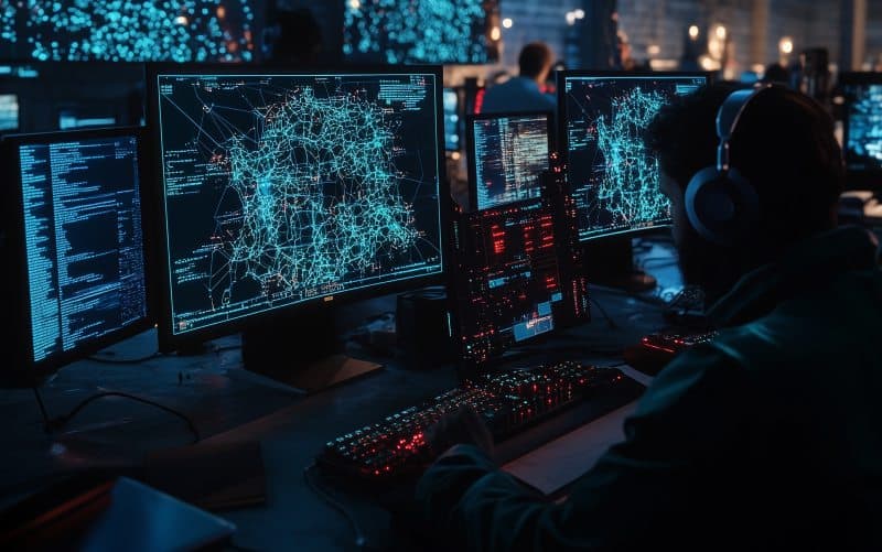 Security analyst monitoring network activity on multiple screens