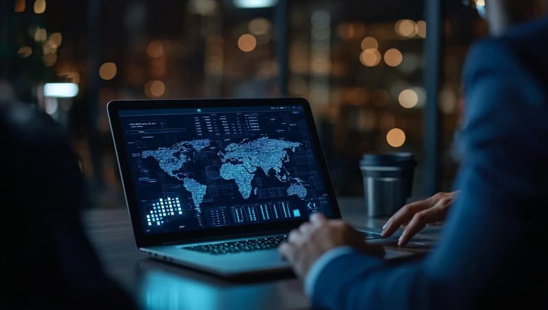Security analyst reviewing global threat data on a screen