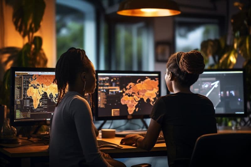 Analysts monitoring systems in a data command center
