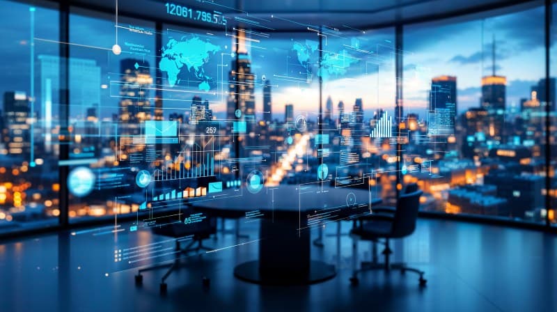 Analyst working at a desk with data displayed on screens