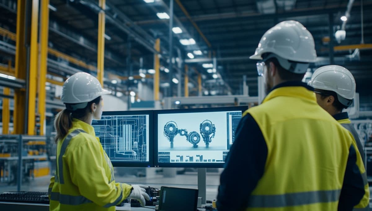 Factory workers reviewing production data on a monitor