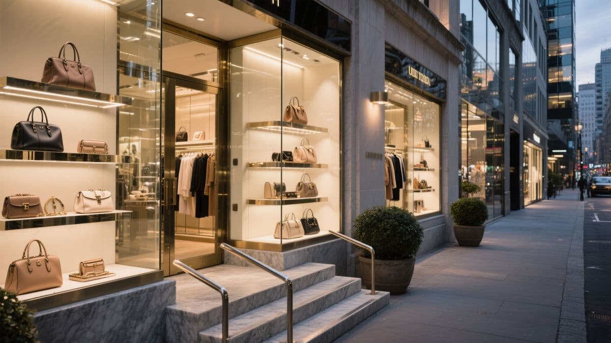 Boutique storefront window display on a city street at dusk