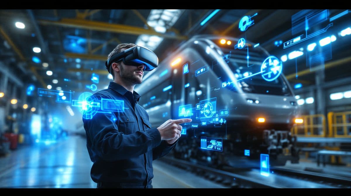 Worker using a VR headset on an industrial floor