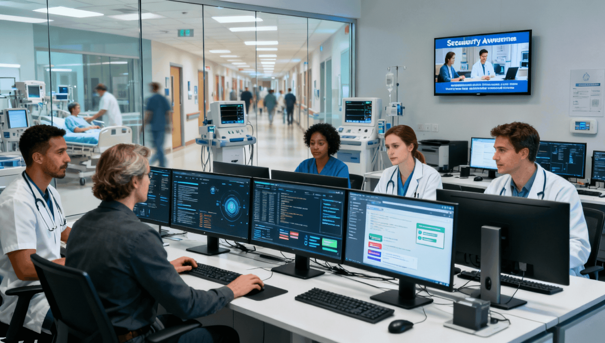 Clinical staff reviewing patient data on monitors