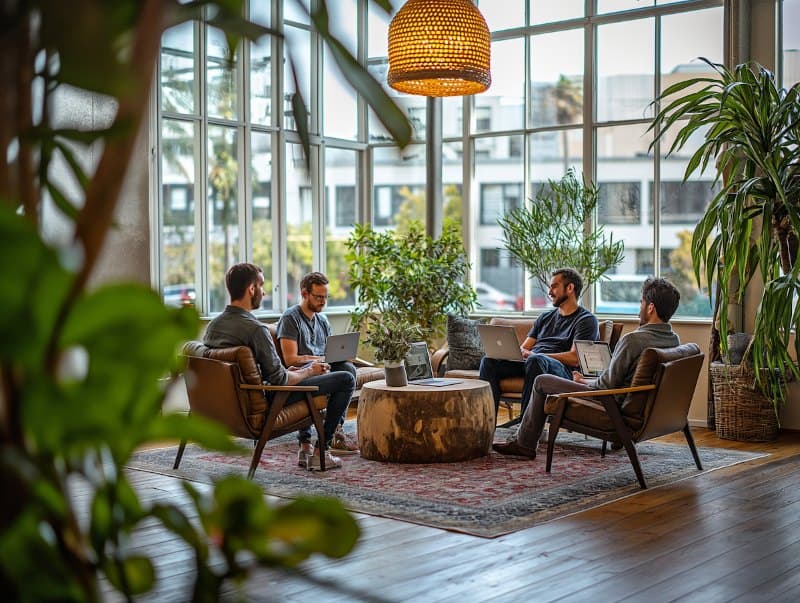 Colleagues talking in armchairs in a plant-filled lounge