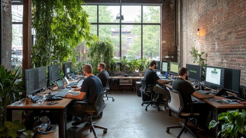 Team working at desks in an office filled with plants