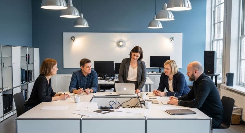 Team meeting around a table in a modern office