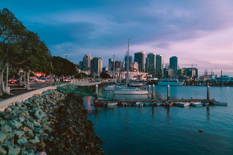 San Diego skyline and marina at dusk