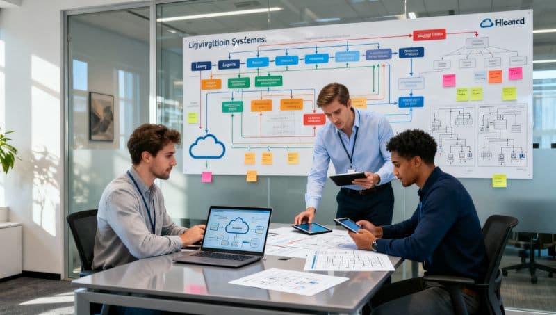 Team collaborating around a laptop in an office