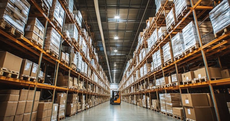 Pallets and shelving in a distribution warehouse